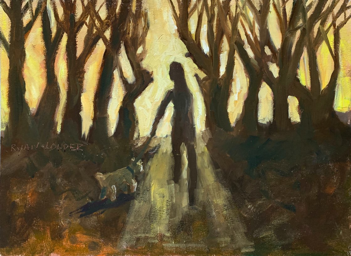 A painting titled 'Dog Walking In The Autumn by Ryan Louder' by Ryan Louder
