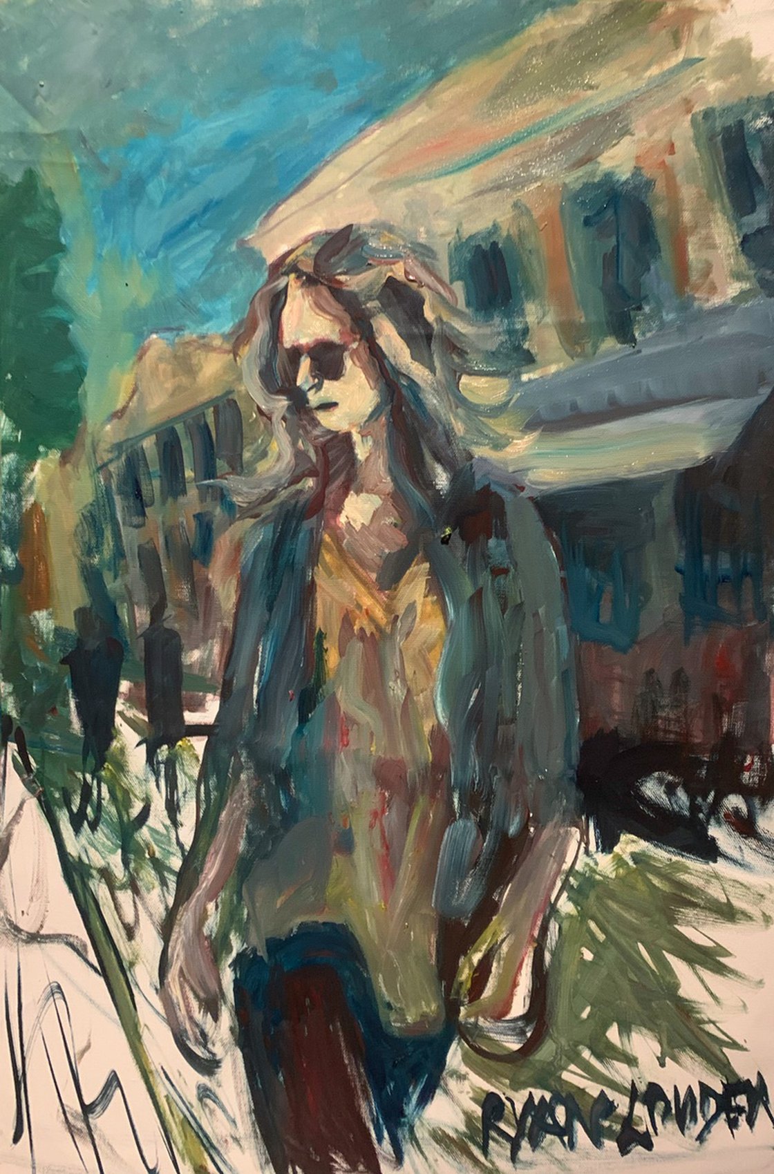 A painting titled 'Summer Walk In Town by Ryan Louder' by Ryan Louder