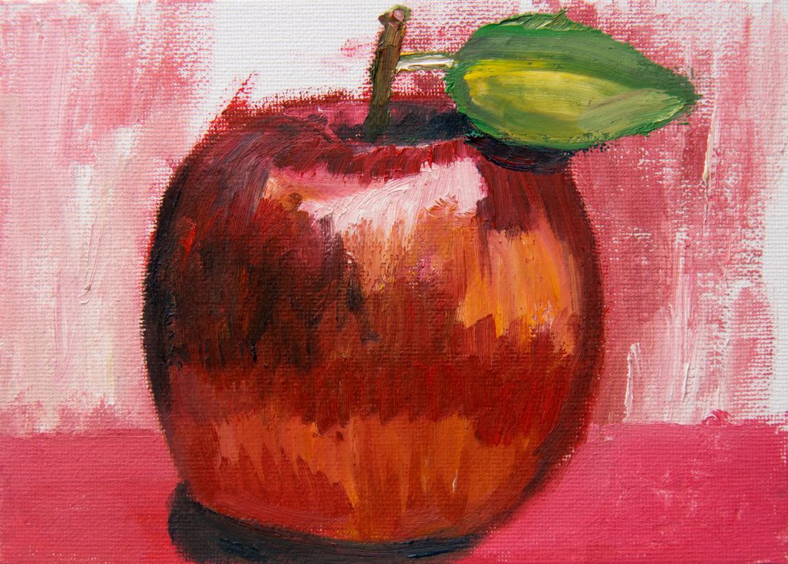 A painting titled 'Apple and Leaf oil on canvas board by Ryan Louder' by Ryan Louder