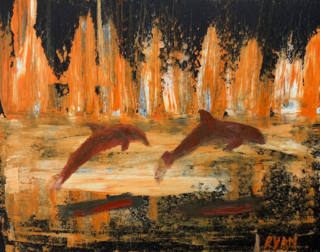 Dolphins Jumping In The Sunset 6x8 study by Ryan Louder - Hahnemühle German Etching Fine Art Print