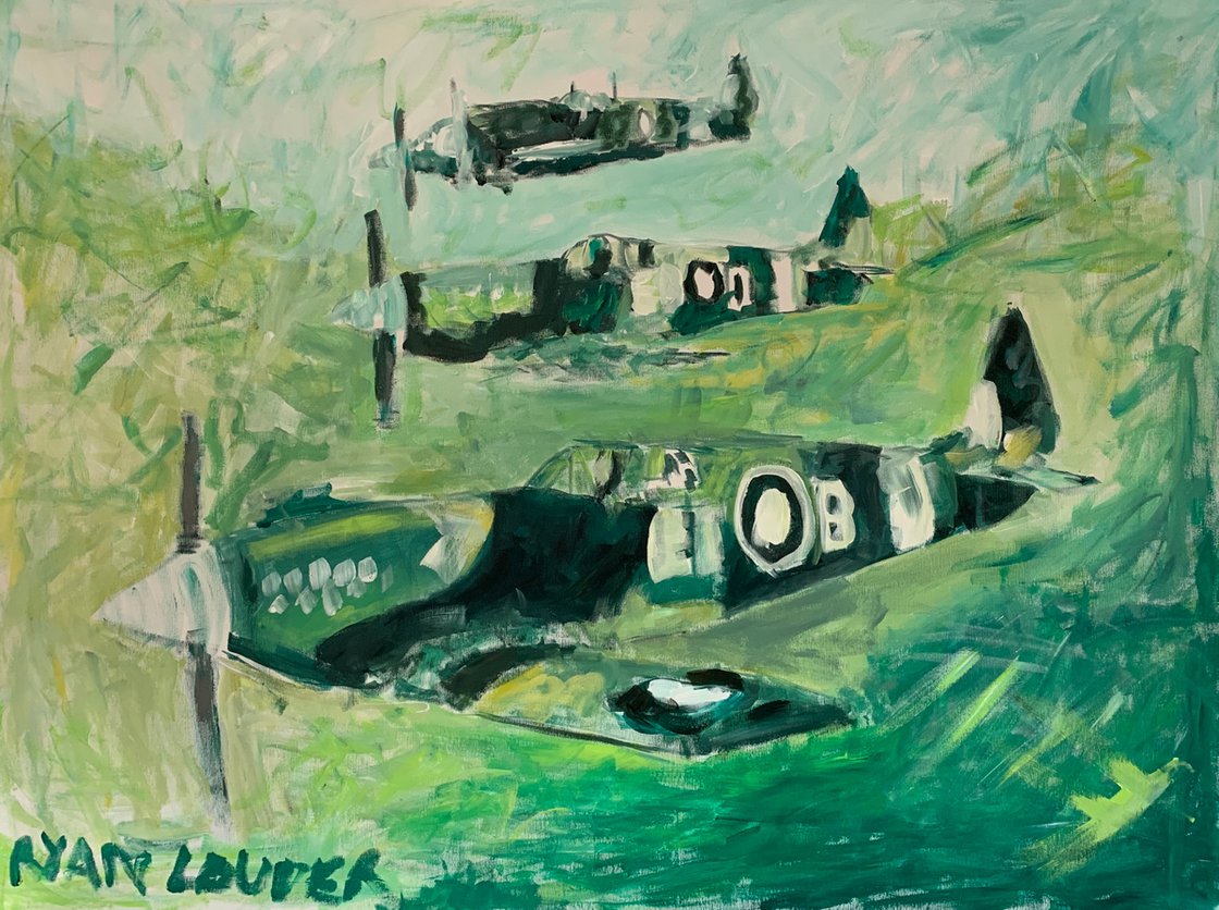 A painting titled 'Three Spit Fires by Ryan Louder' by Ryan Louder
