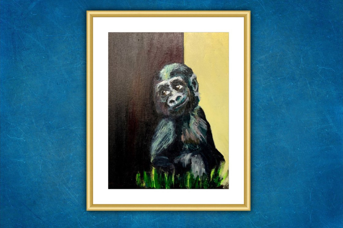 A painting titled 'Baby Gorilla Sitting By A Tree by Ryan Louder' by Ryan Louder