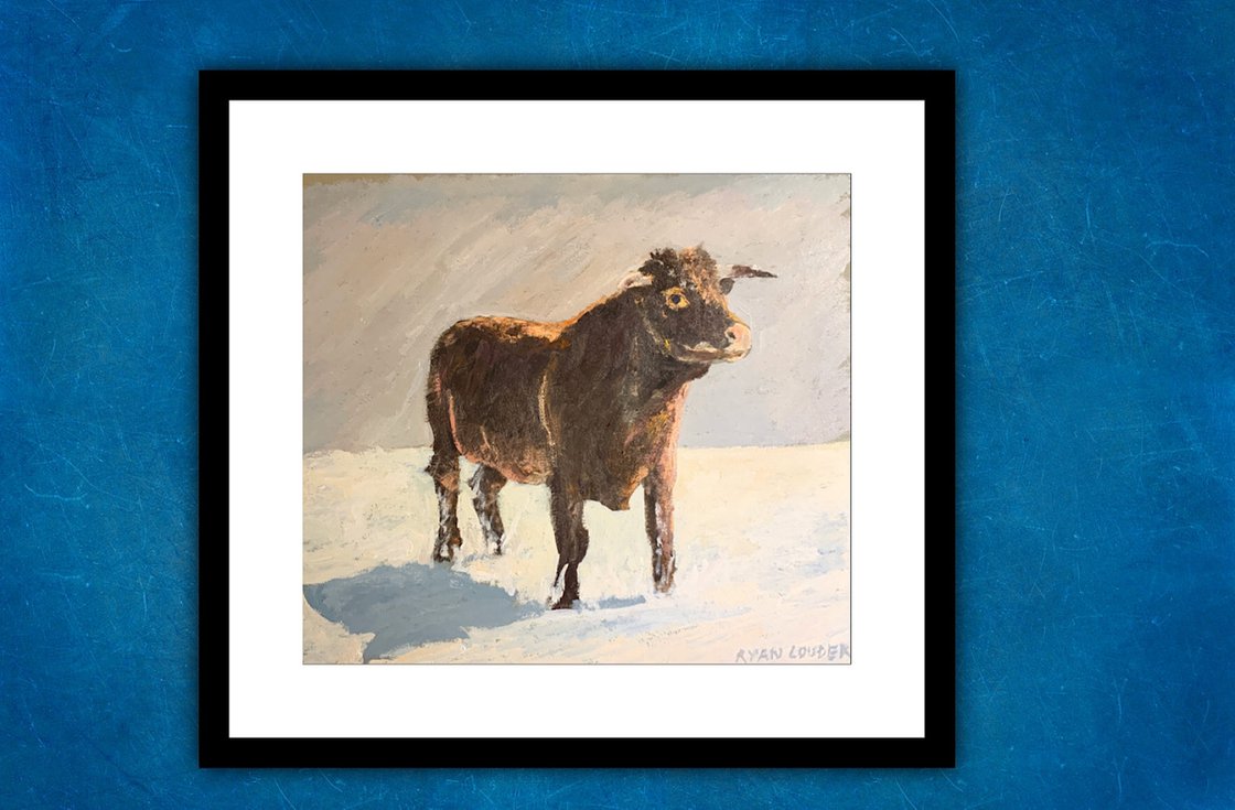 A painting titled 'Bull On A Winters Day by Ryan Louder' by Ryan Louder
