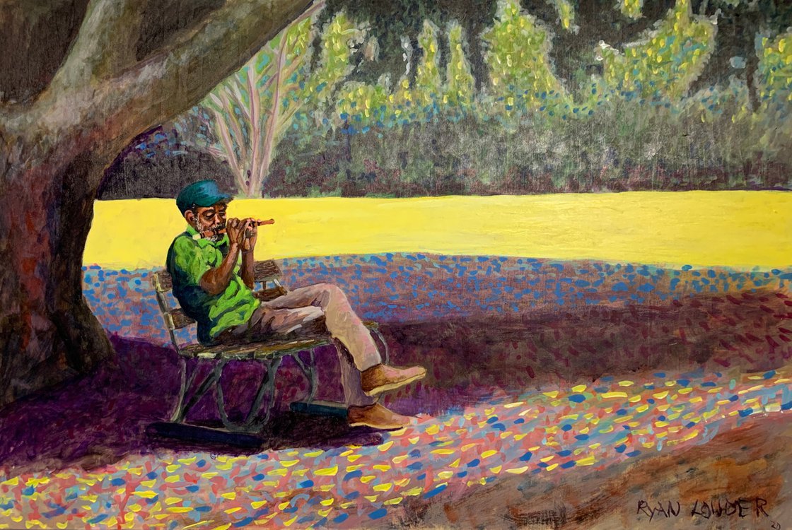 A painting titled 'Flute Player In The Park by Ryan Louder' by Ryan Louder