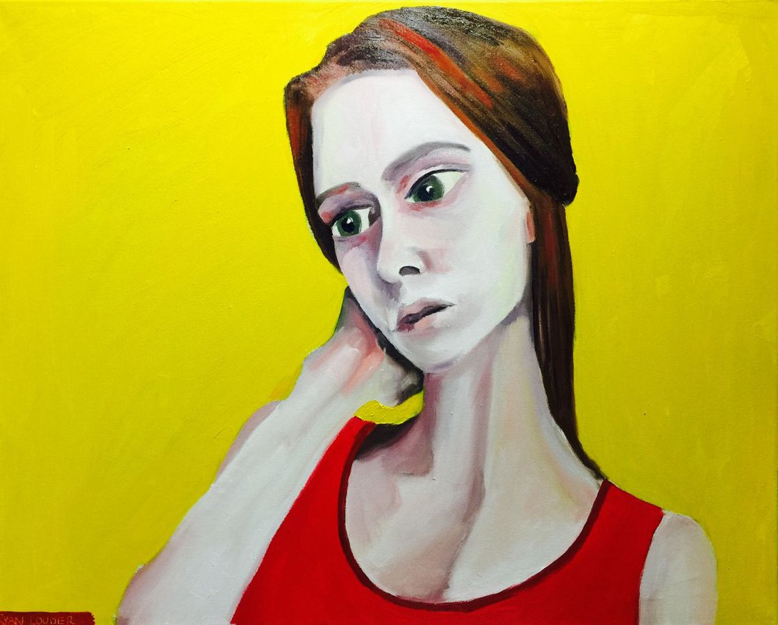 A painting titled 'Portrait Of A Woman In Red by Ryan Louder' by Ryan Louder