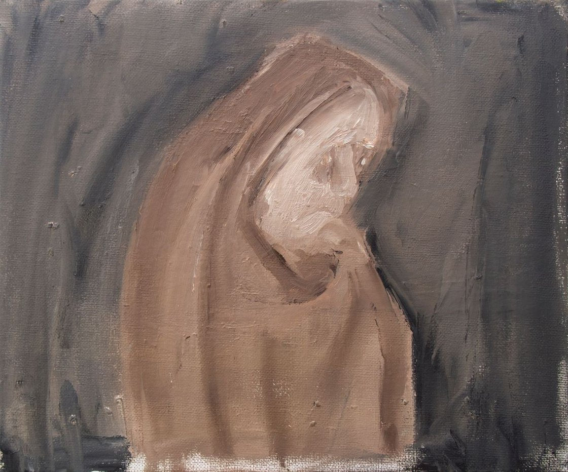 A painting titled 'Elderly Woman Painting Oil On Canvas Board 9x12 by Ryan Louder' by Ryan Louder