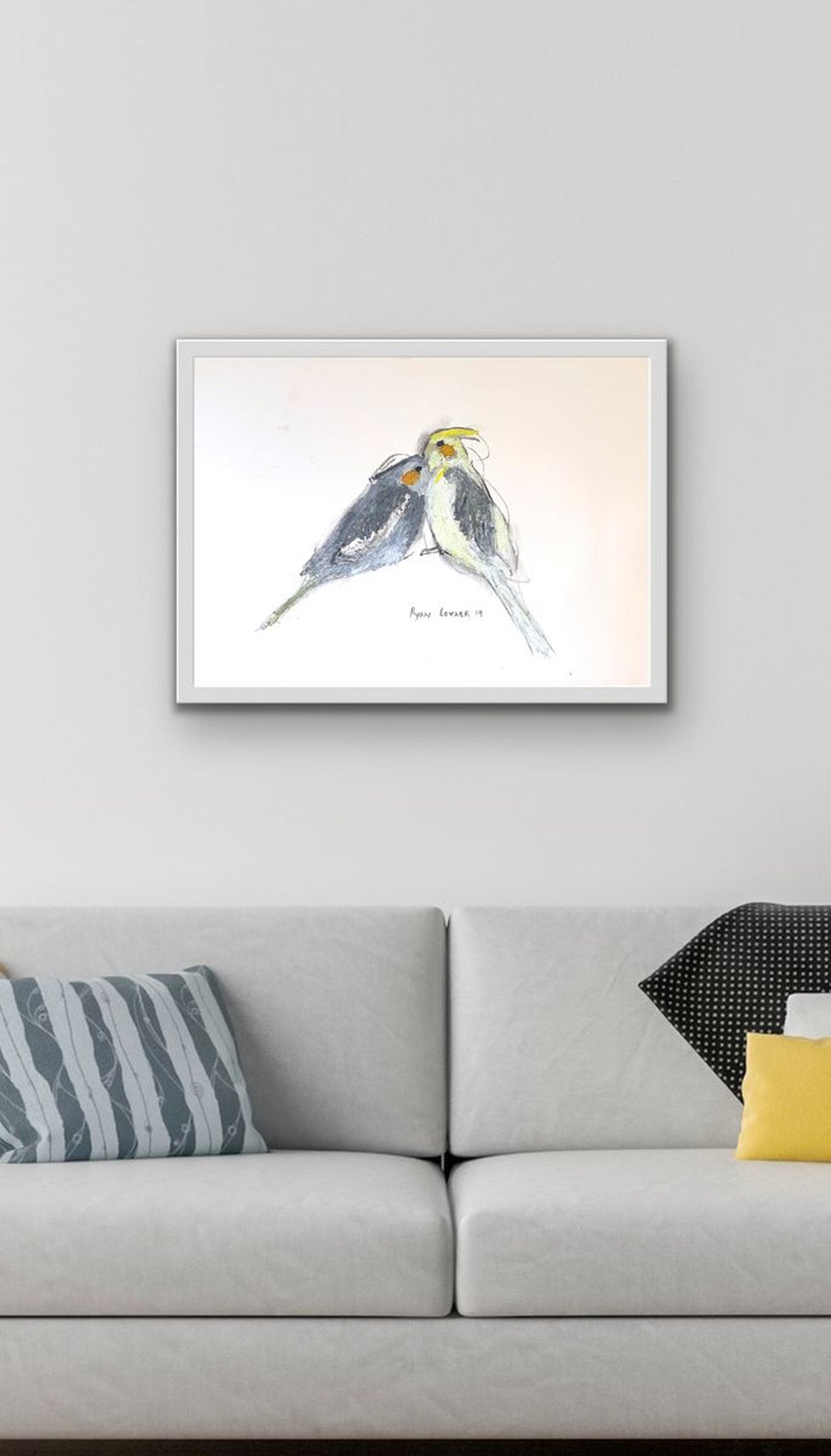A painting titled 'Cockatiels In Love by Ryan Louder' by Ryan Louder