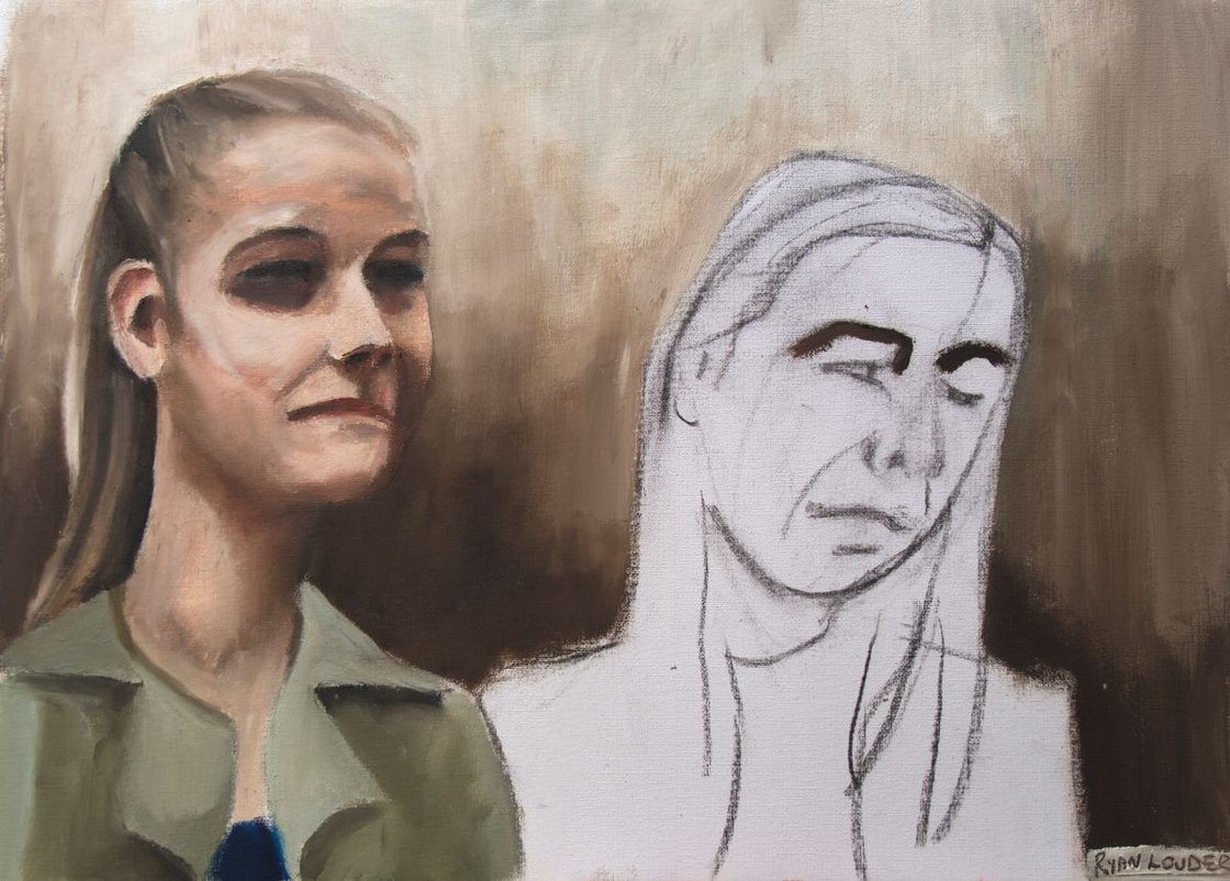 A painting titled 'Two Friends Oil On Paper 11.7x16.5 by Ryan  Louder' by Ryan Louder