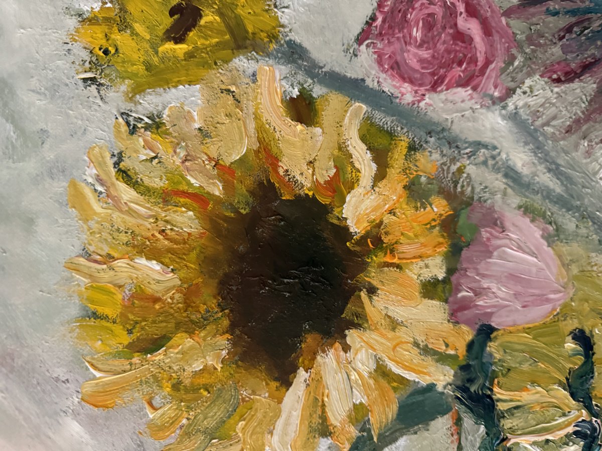 Sunflowers Roses And Proteas - close-up-artwork