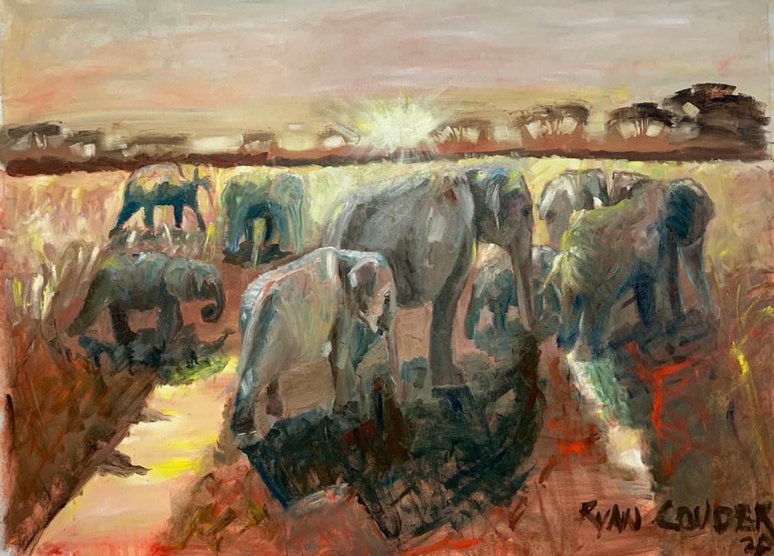 A painting titled 'Elephants At Dusk by Ryan  Louder' by Ryan Louder