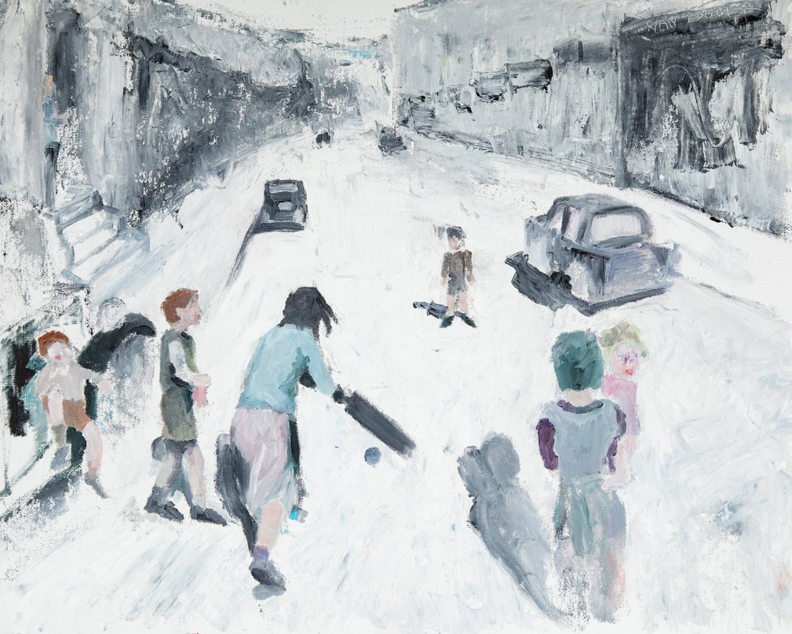 A painting titled 'Children Playing Cricket On The Street by Ryan  Louder' by Ryan Louder