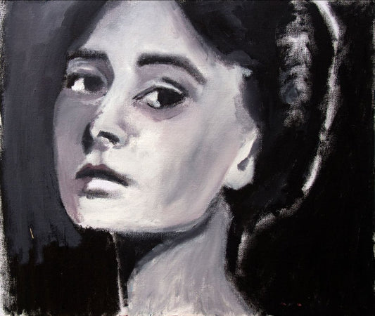 A painting titled 'A Knowing Stare Oil On Paper 8.2x9.5 by Ryan  Louder' by Ryan Louder