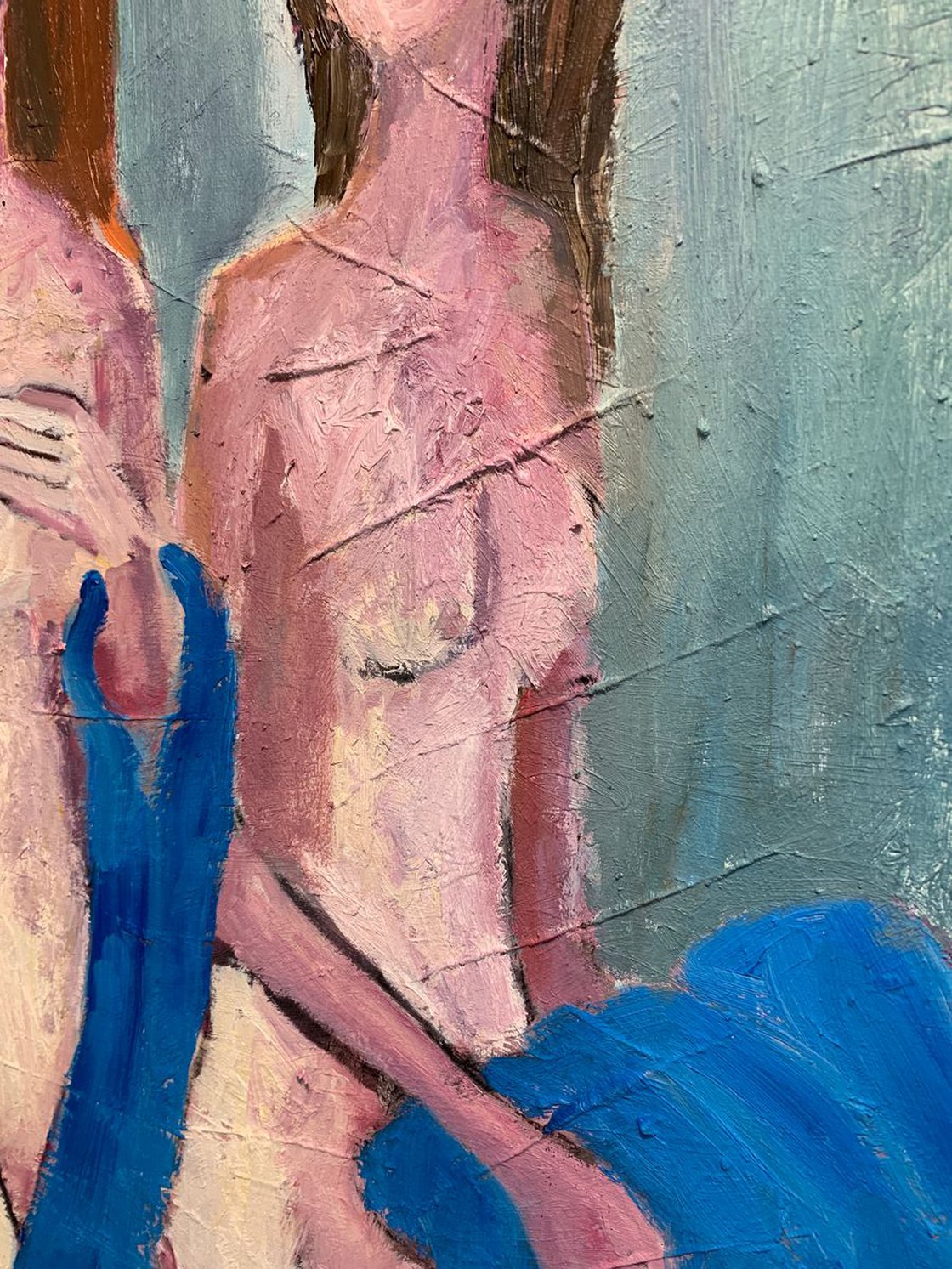 A painting titled 'Three Nude Women and Two Blue Towels by Ryan  Louder' by Ryan Louder