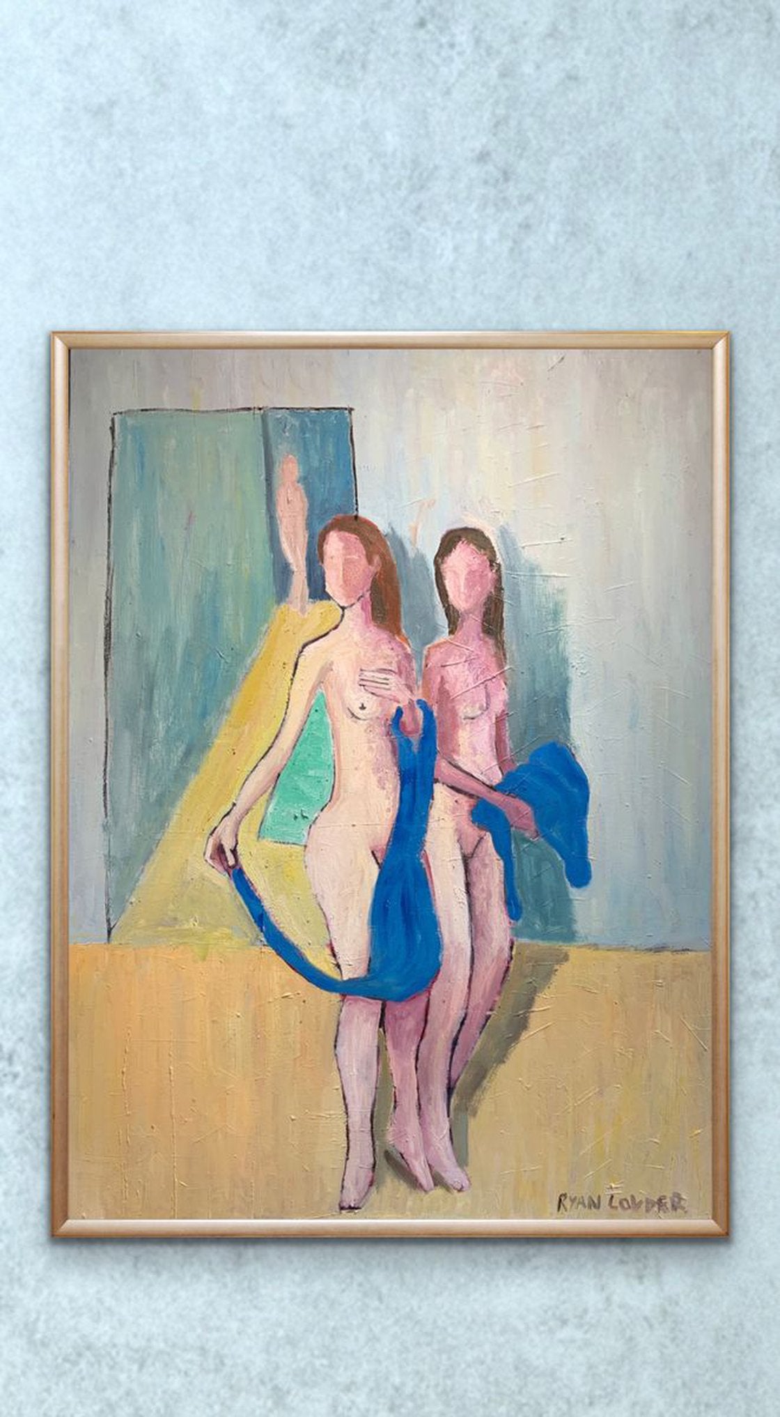 A painting titled 'Three Nude Women and Two Blue Towels by Ryan  Louder' by Ryan Louder
