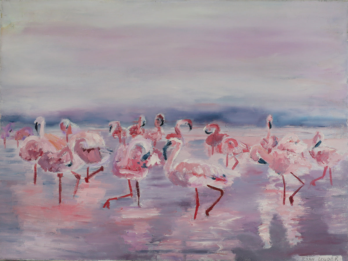 A painting titled 'Flamingos At Dusk' by London Paintings