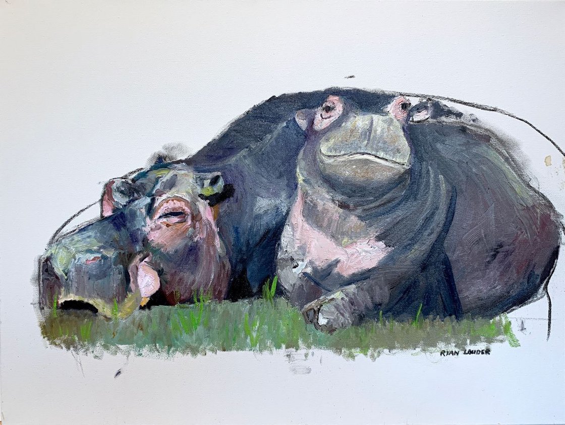A painting titled 'Hippos by Ryan  Louder' by Ryan Louder