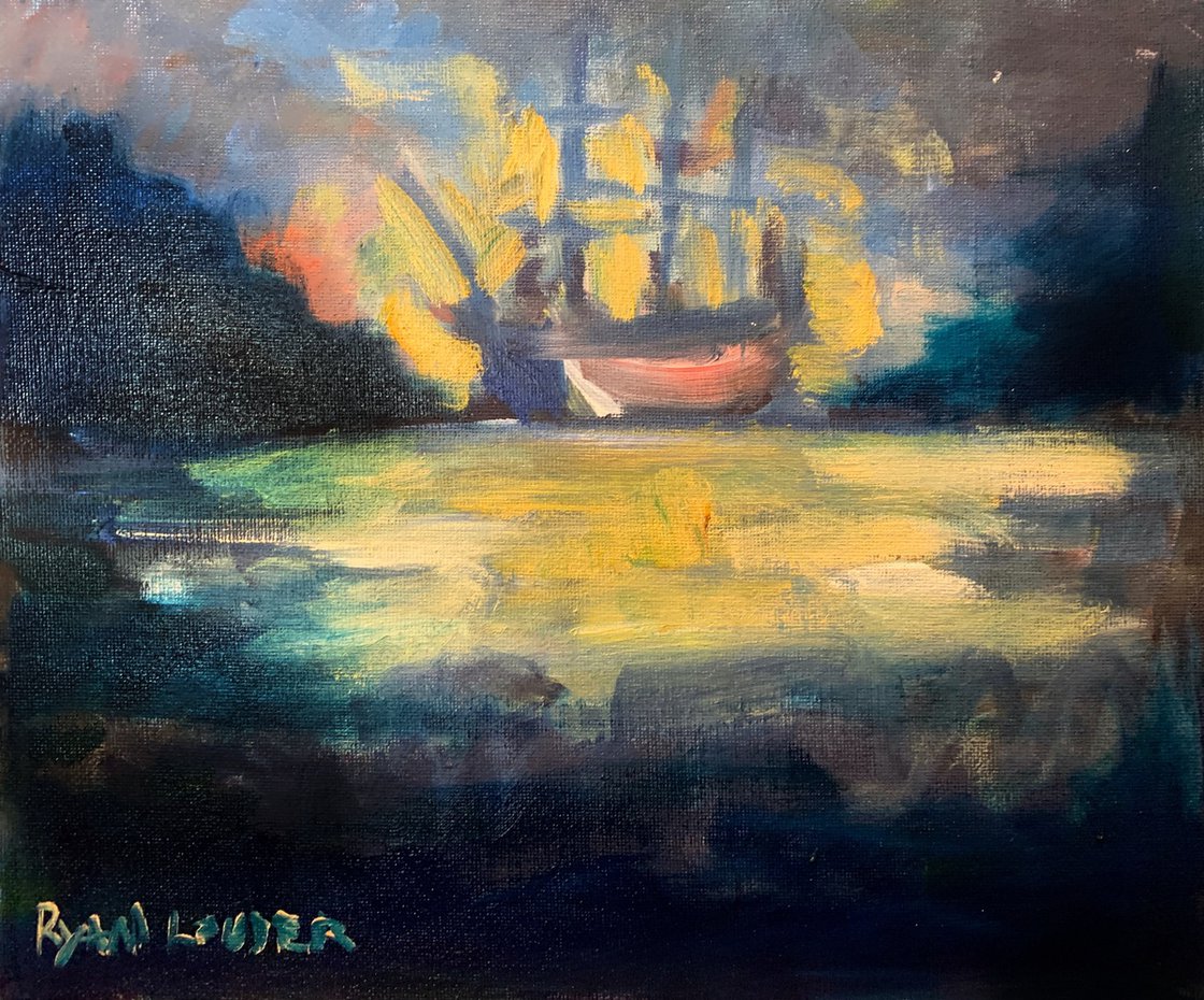 A painting titled 'Boat In The Bay by Ryan  Louder' by Ryan Louder