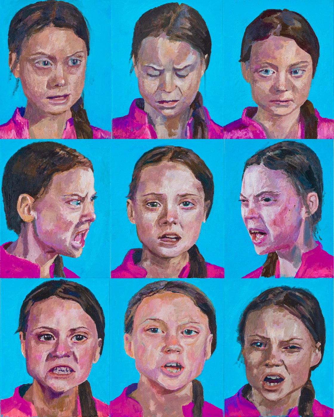 A painting titled 'Nine Portraits Of Greta Thunberg 9x 10x8 by Ryan  Louder' by Ryan Louder