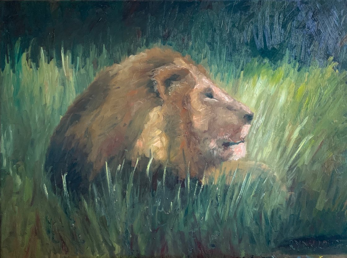 A painting titled 'Lion In The Grass by Ryan  Louder' by Ryan Louder