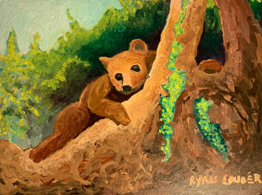 A painting titled 'Bear Resting On A Tree by Ryan  Louder' by Ryan Louder