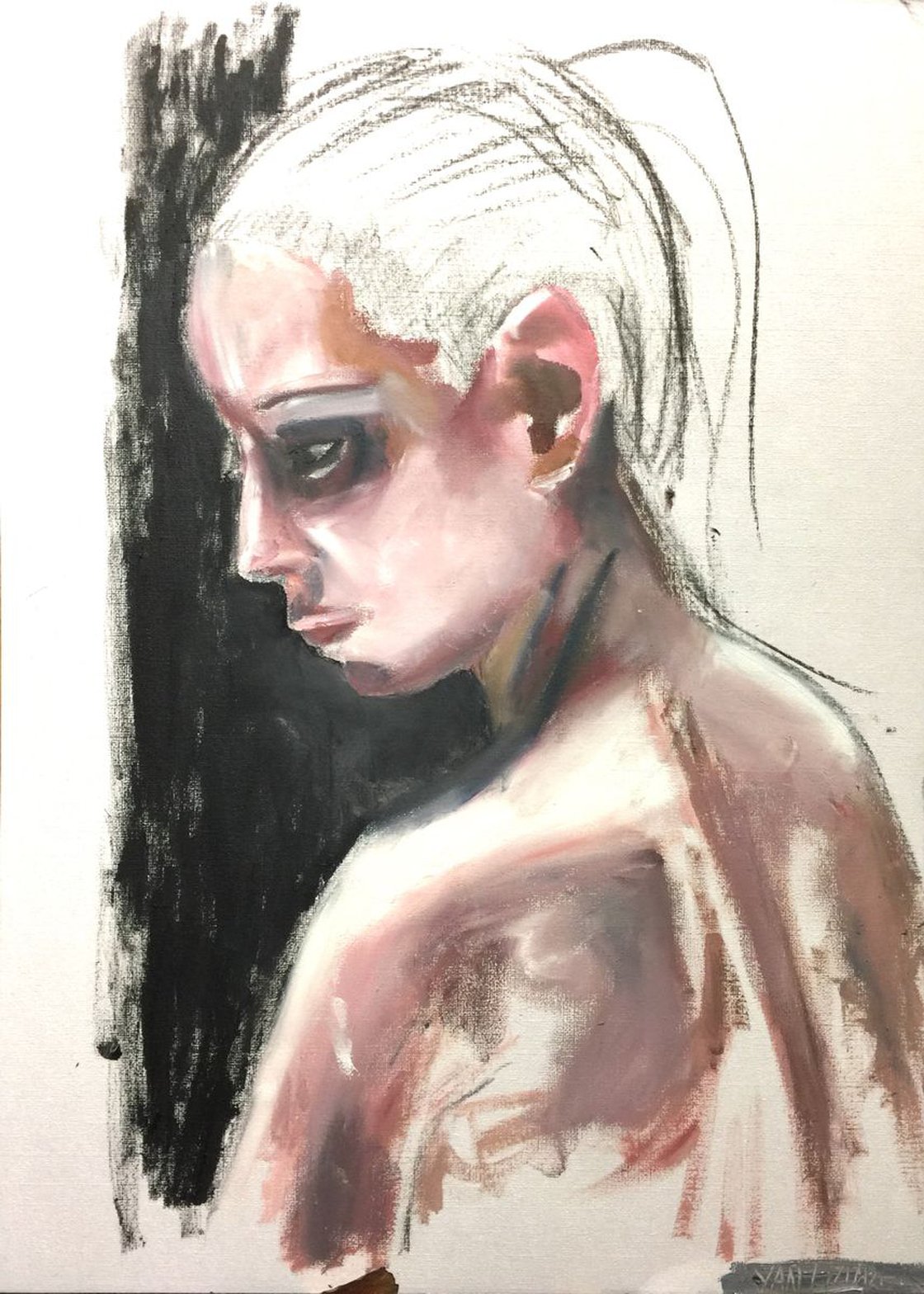 A painting titled 'Naked In thought Oil On Paper 16.5 x 11.7 by Ryan  Louder' by Ryan Louder