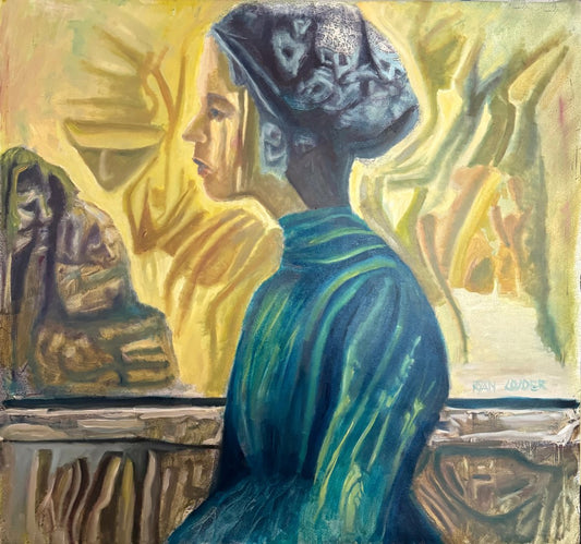 A painting titled 'Profile of a Woman in Yellow and Blue by Ryan  Louder' by Ryan Louder