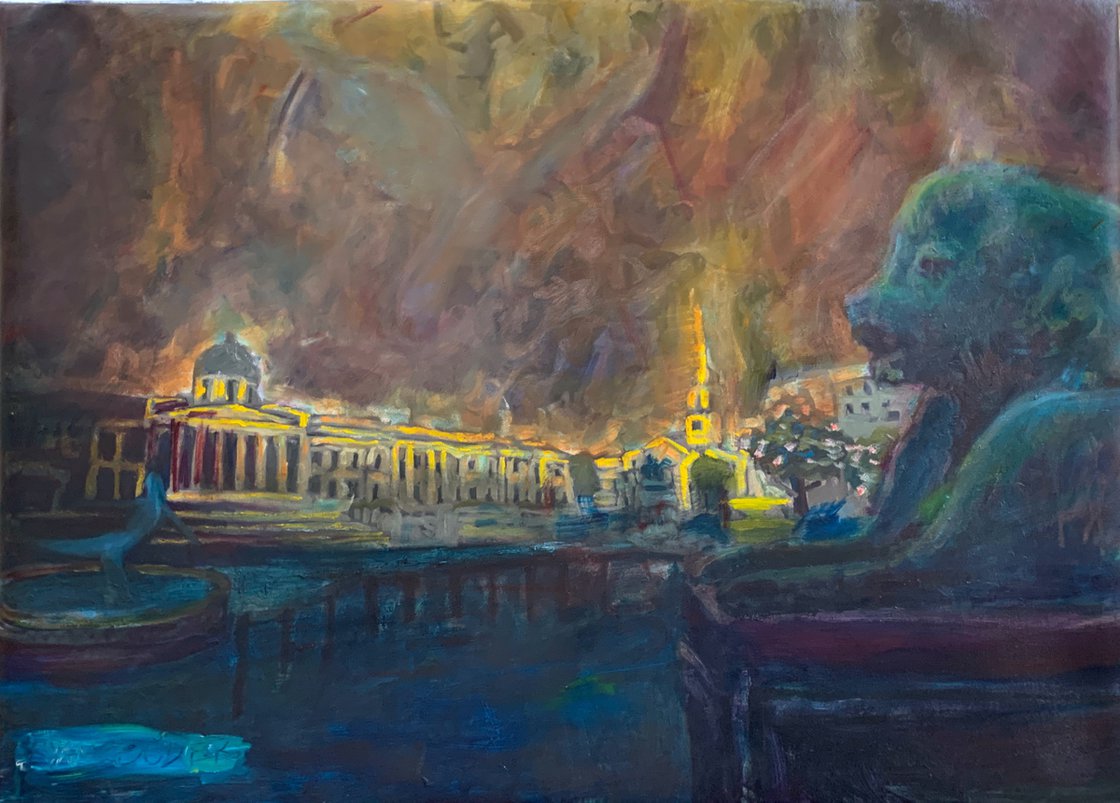 A painting titled 'Trafalgar Square After the Rain by Ryan  Louder' by Ryan Louder