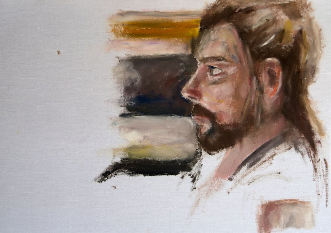 A painting titled '"Assistant" Portrait of a Man oil On Paper by Ryan  Louder' by Ryan Louder