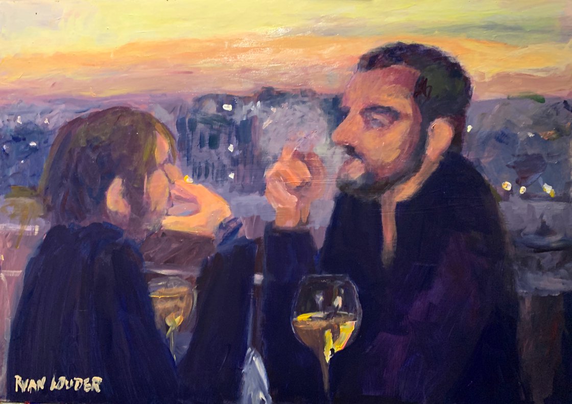 A painting titled 'Paris Rooftop Cafe by Ryan  Louder' by Ryan Louder