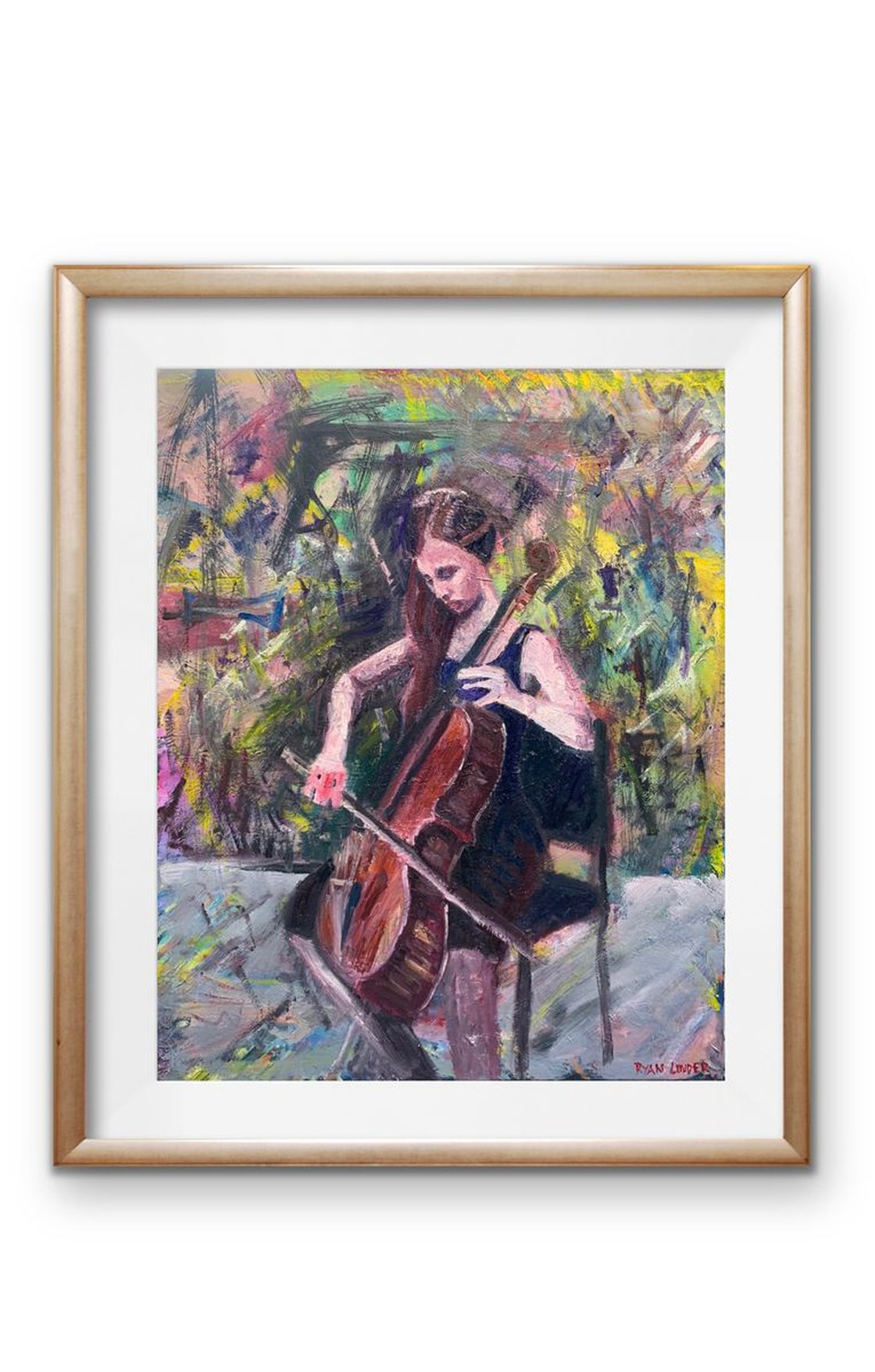 A painting titled 'Cello Player by Ryan  Louder' by Ryan Louder
