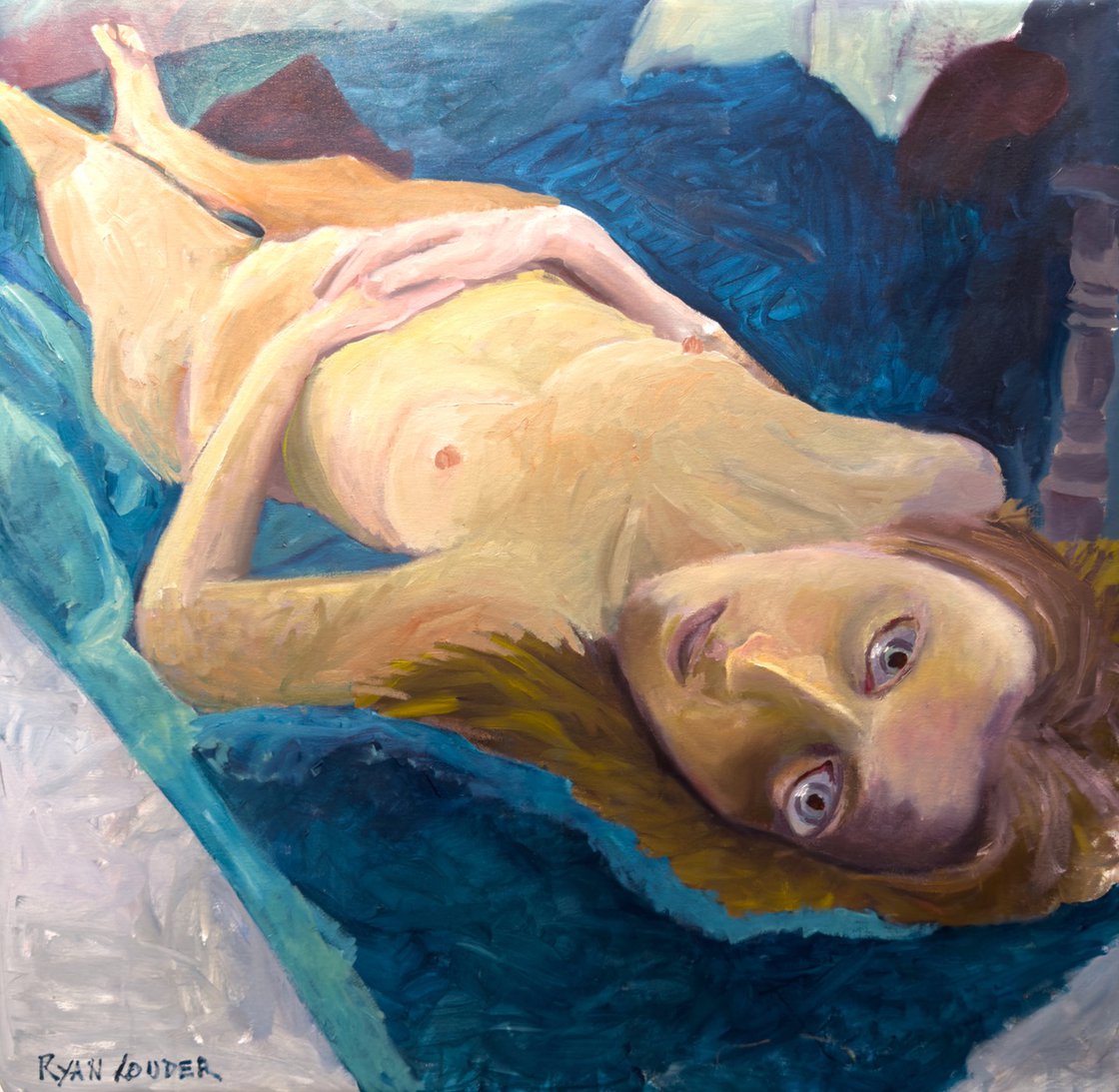 A painting titled 'Zomer figure On Blue Velvet by Ryan  Louder' by Ryan Louder