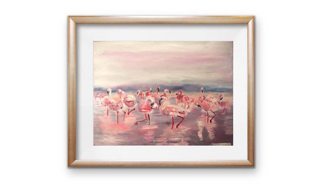 A painting titled 'Flamingos At Dusk by Ryan  Louder' by Ryan Louder