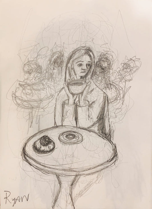 A painting titled 'Drawing of A Woman Drinking Coffee by Ryan  Louder' by Ryan Louder