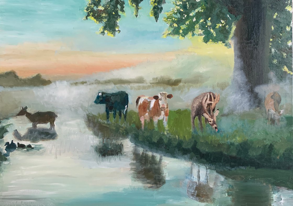 A painting titled 'Farm At Dawn by Ryan  Louder' by Ryan Louder