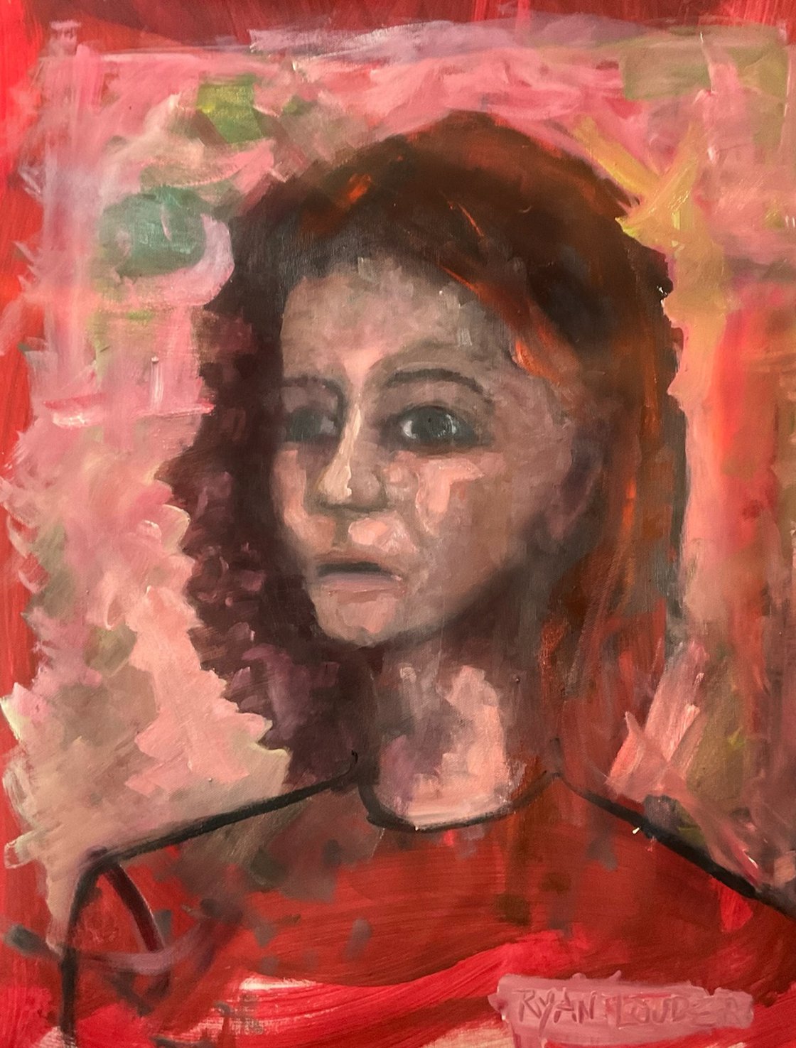 A painting titled 'Woman In Red by Ryan  Louder' by Ryan Louder