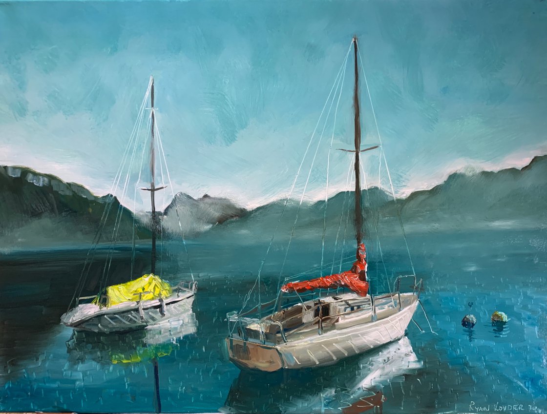 A painting titled 'Two Boats On A Lake by Ryan  Louder' by Ryan Louder