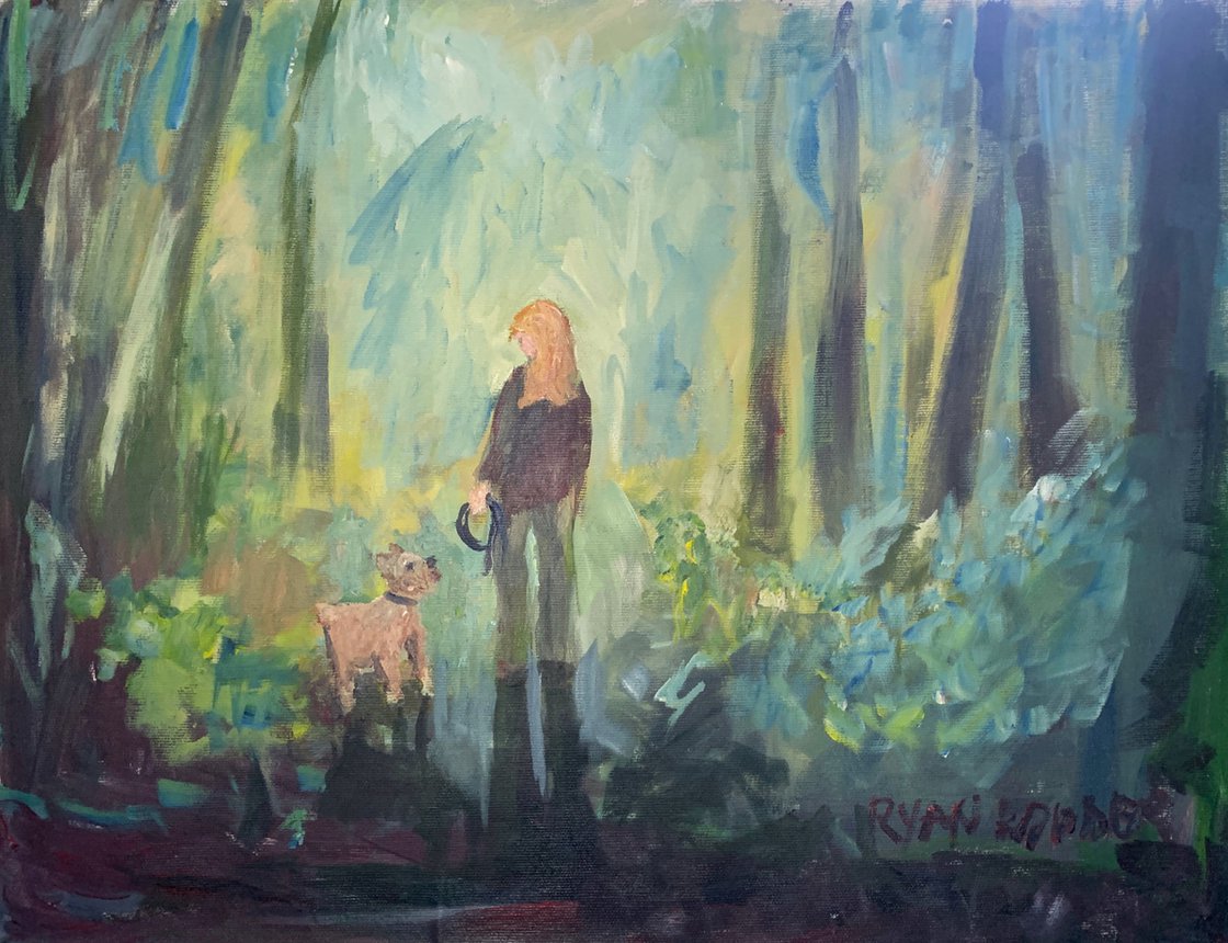 A painting titled 'Dog Walking In The Forest 2 by Ryan  Louder' by Ryan Louder