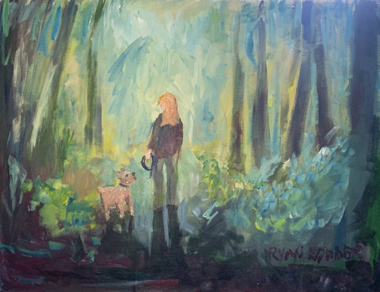 A painting titled 'Dog Walking In The Forest 2 by Ryan  Louder' by Ryan Louder