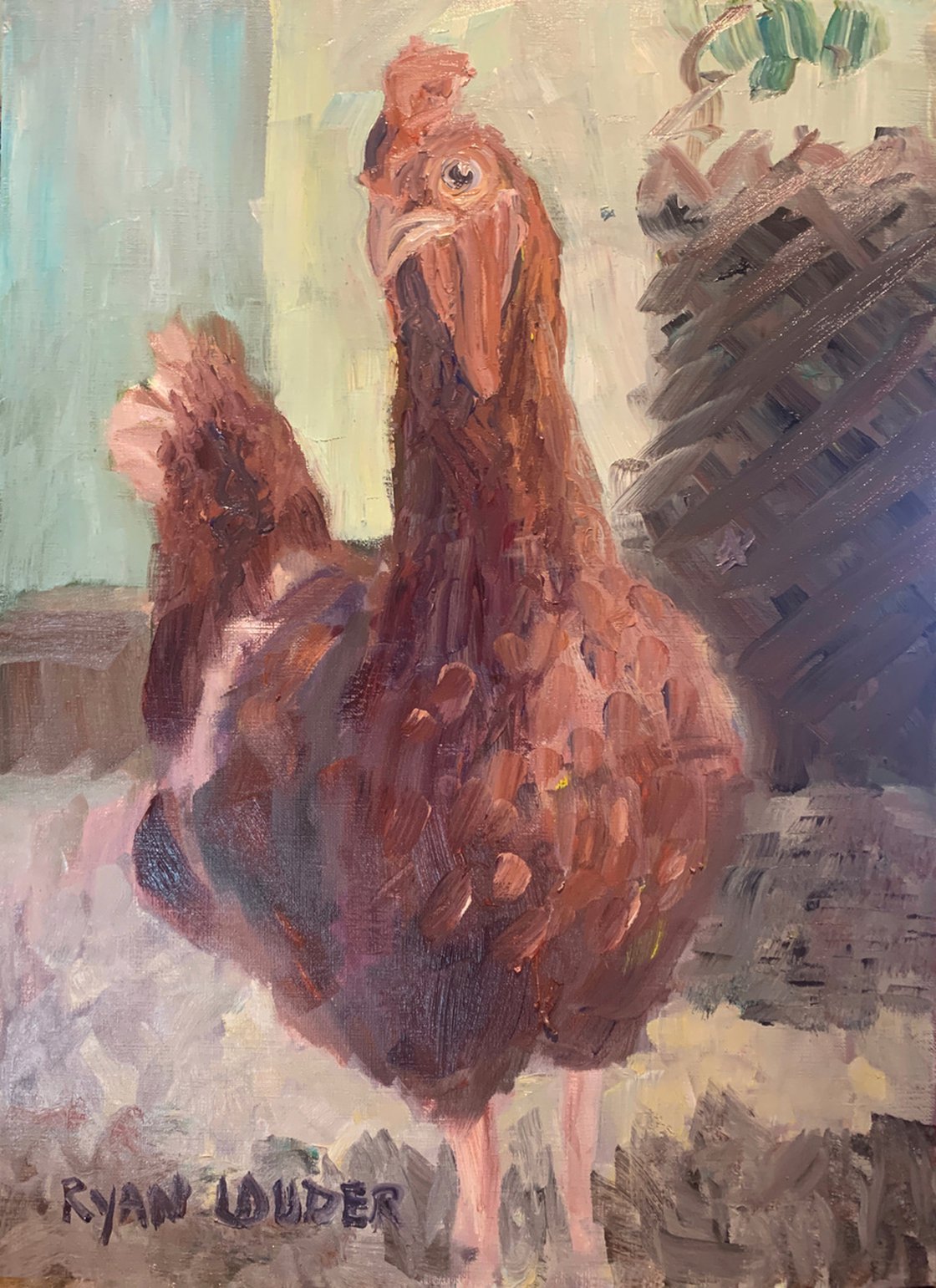 A painting titled 'Chicken On A Farm by Ryan  Louder' by Ryan Louder