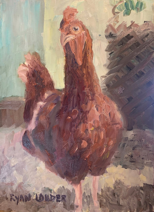 A painting titled 'Chicken On A Farm by Ryan  Louder' by Ryan Louder