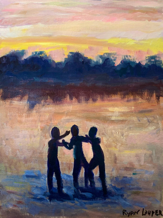 A painting titled 'Children Playing At Sunset by Ryan  Louder' by Ryan Louder