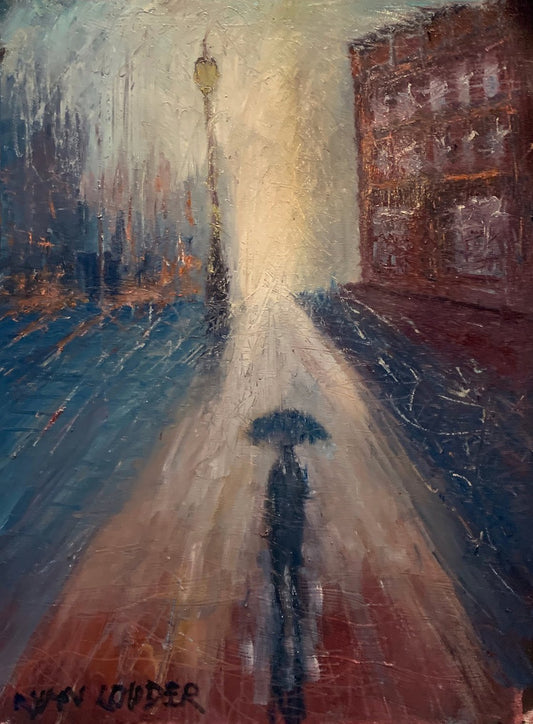 A painting titled 'City In The Rain by Ryan  Louder' by Ryan Louder